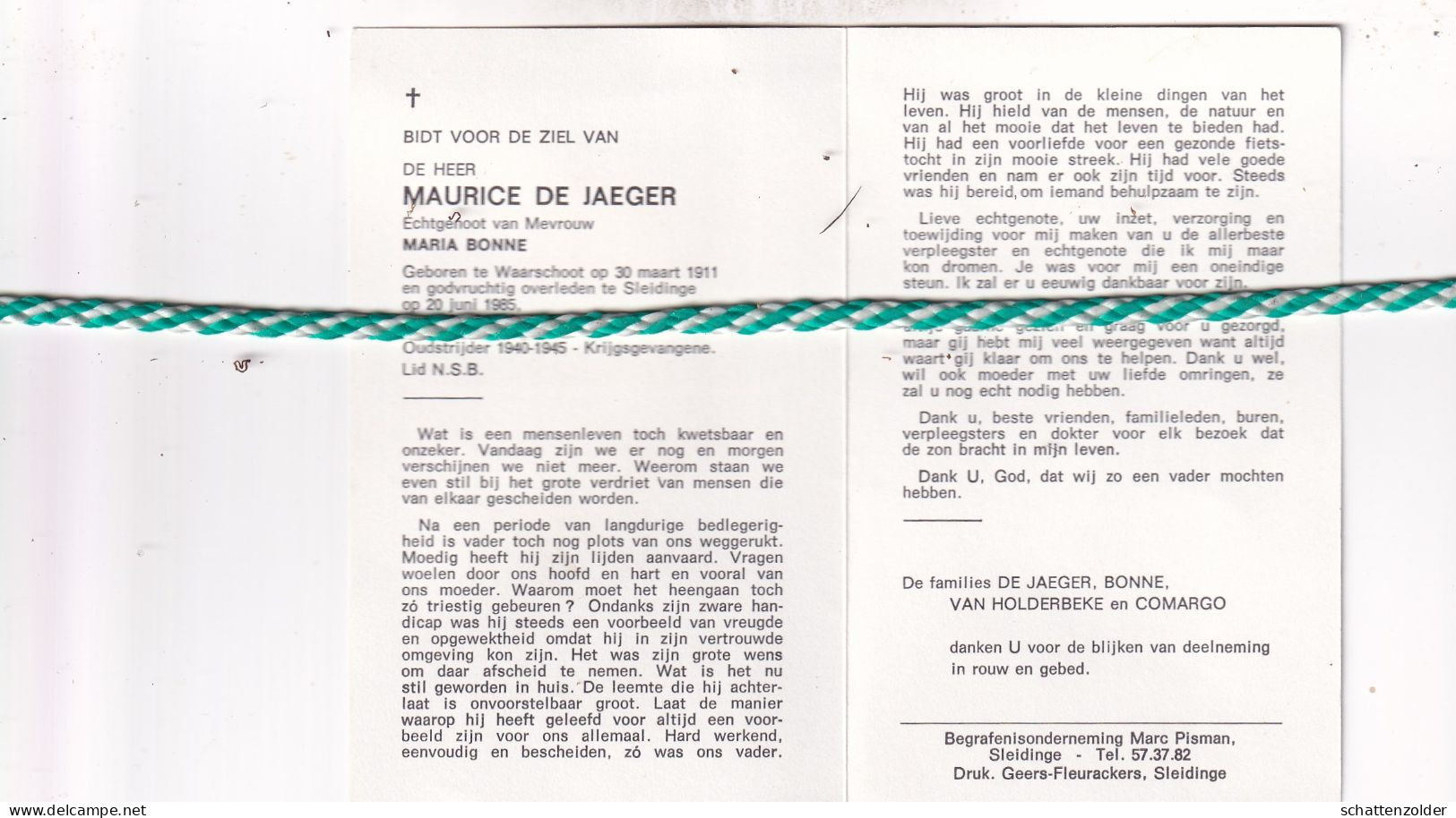 Maurice De Jaeger-Bonne, Waarschoot 1911, Sleidinge 1985. Oud-strijder 40-45 - Obituary Notices