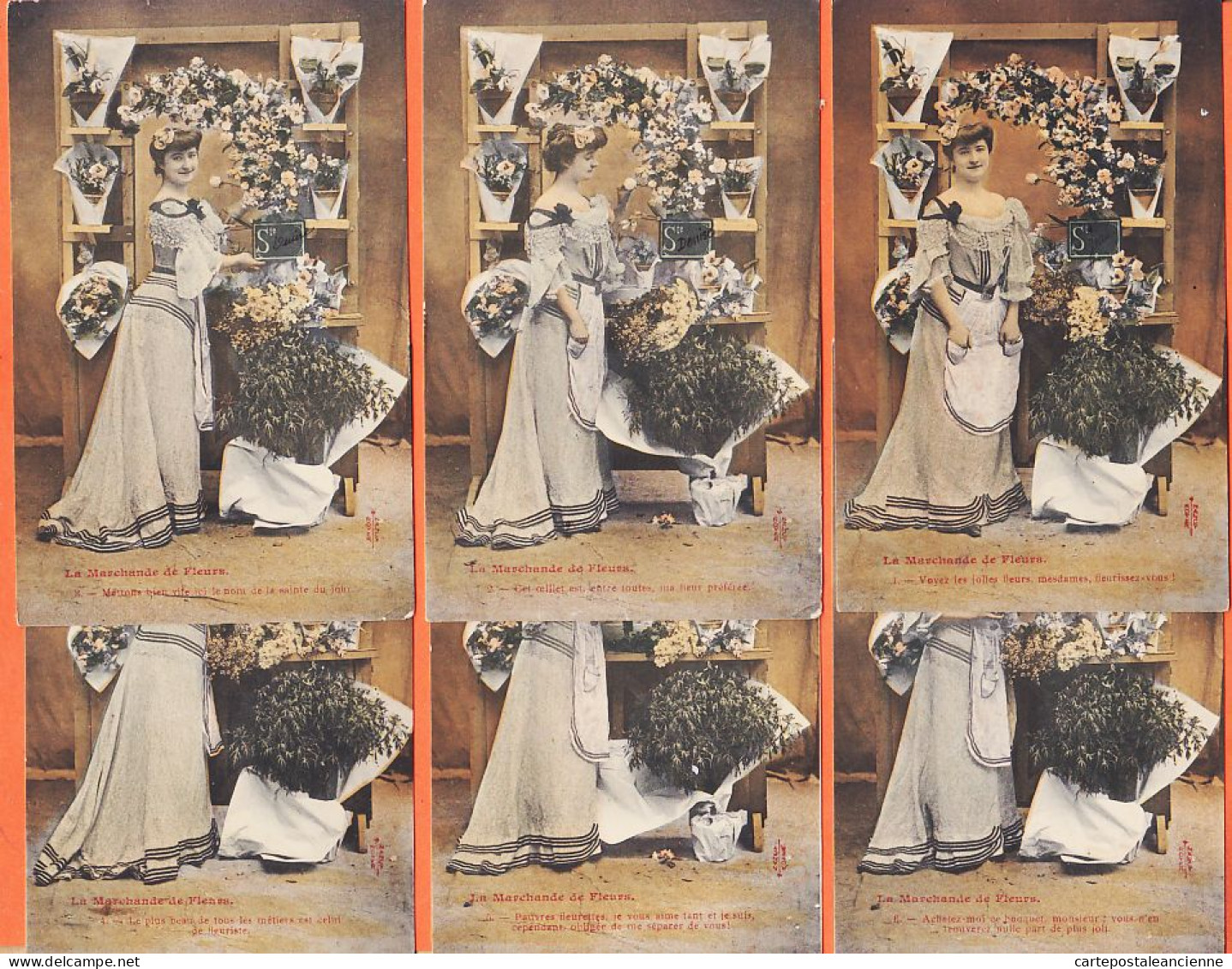 05222 / ⭐ (•◡•) ◉ Rare Série Complète N°1 à 6 Marchande Fleurs 1905 De Jean à Denise GUILLAUD Gendarmerie Burie-ROYER  - Street Merchants