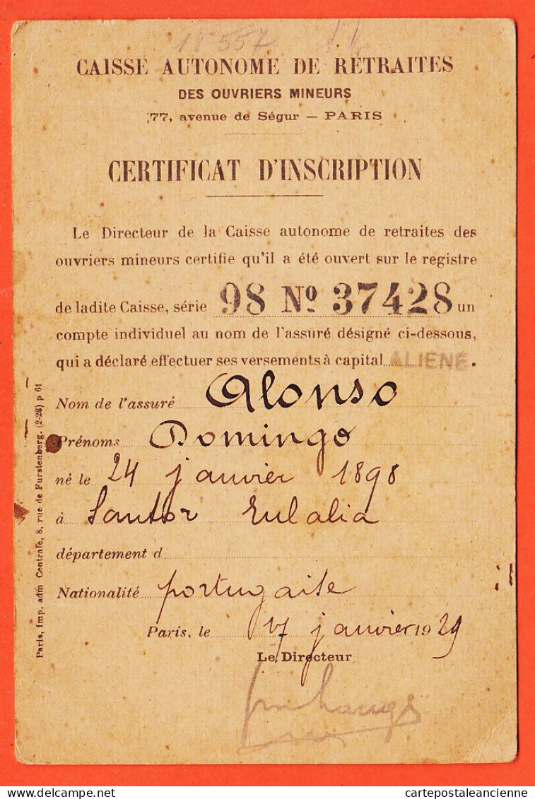 05436 / ⭐ ◉ Rare Certificat Inscription RETRAITE Ouvriers Mineurs ALONSO Domingo Né 04-01-1898 SANTA EULALIA Portugal - Mines