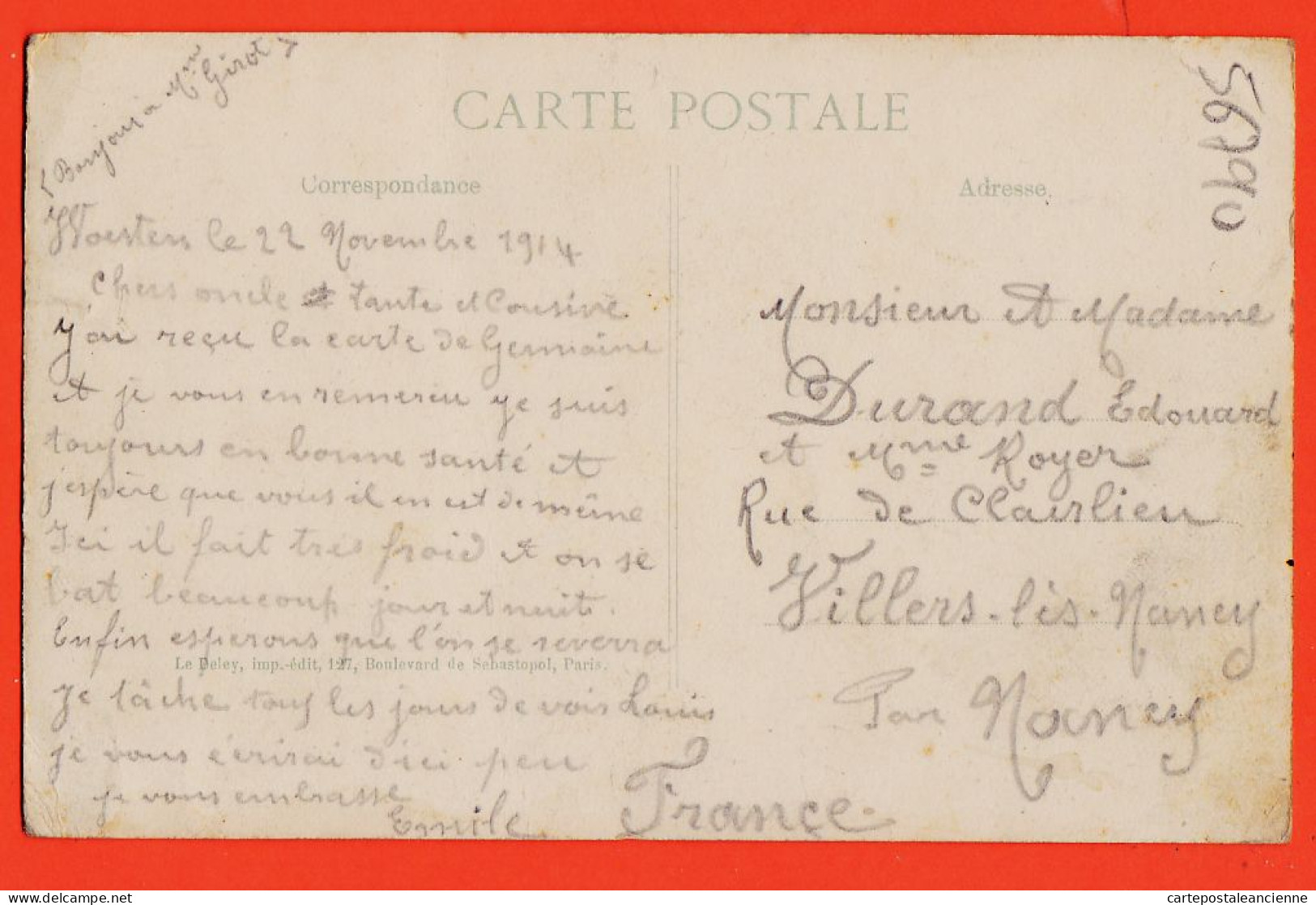 05417 ● Lisez! Poilu Emile DURAND 22 Novembre 1914 Anti Kaiser CHAROGNE ENCOMBRANTE à Edouard Villers-Nancy / LE DELEY - Humor