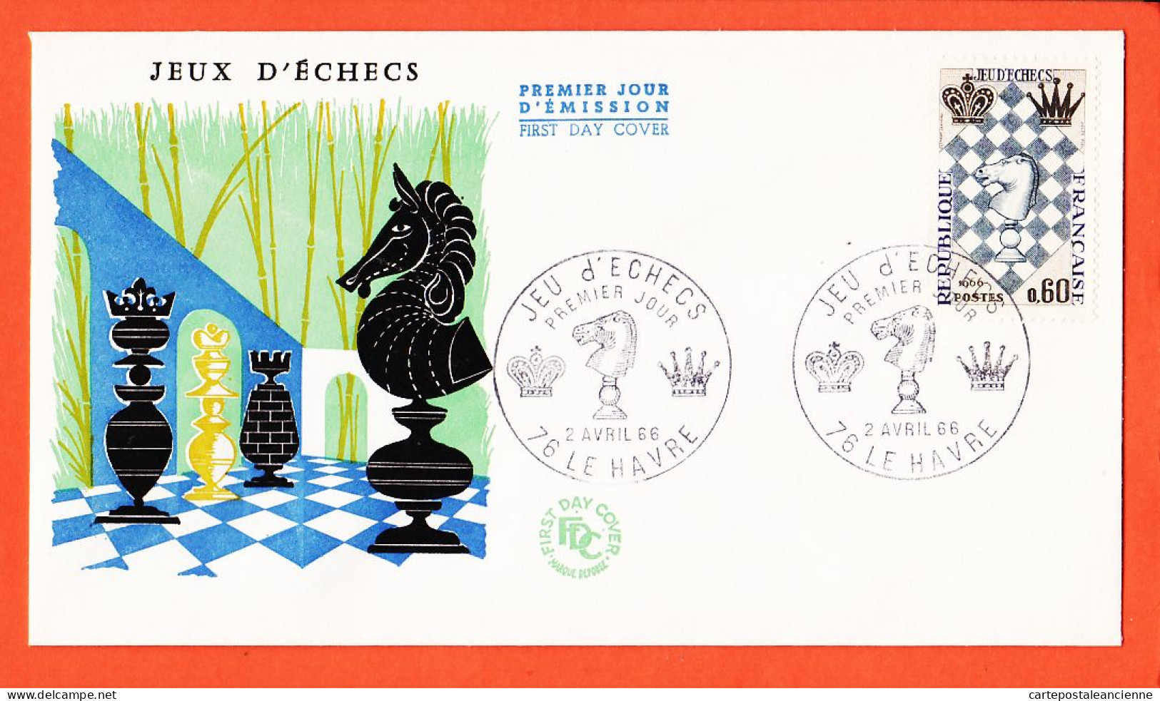 05211 ● FDC JEUX D'ECHECS Premier 1er Jour Emission LE HAVRE 2 Avril 1966 F.D.C First Day Cover - 1960-1969