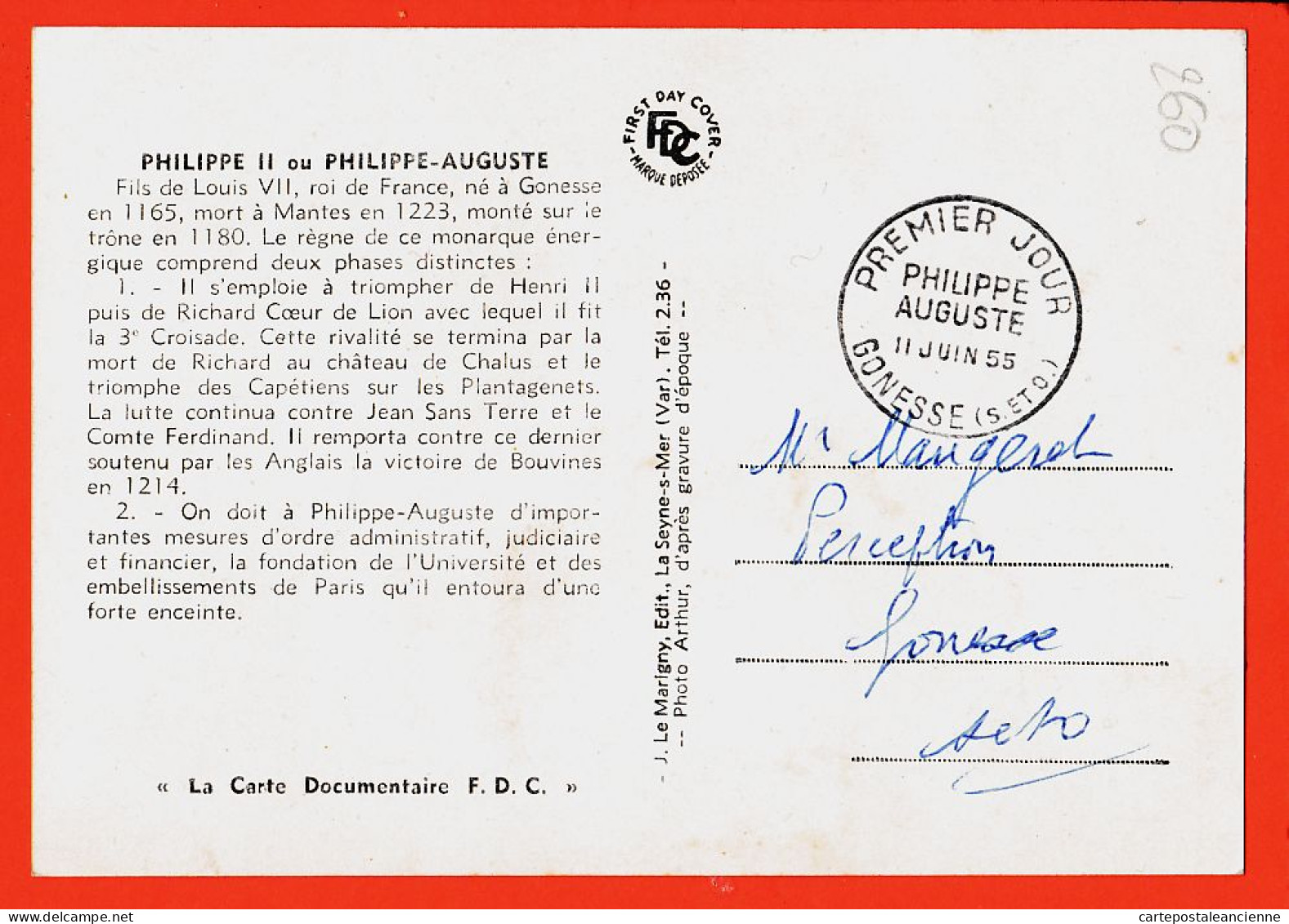 05169 ● Carte Maximum N° Yvert 1027 Philippe AUGUSTE Roi De FRANCE Premier 1er Jour GONESSE 11 Juin 1955 Photo ARTHUR - 1950-1959
