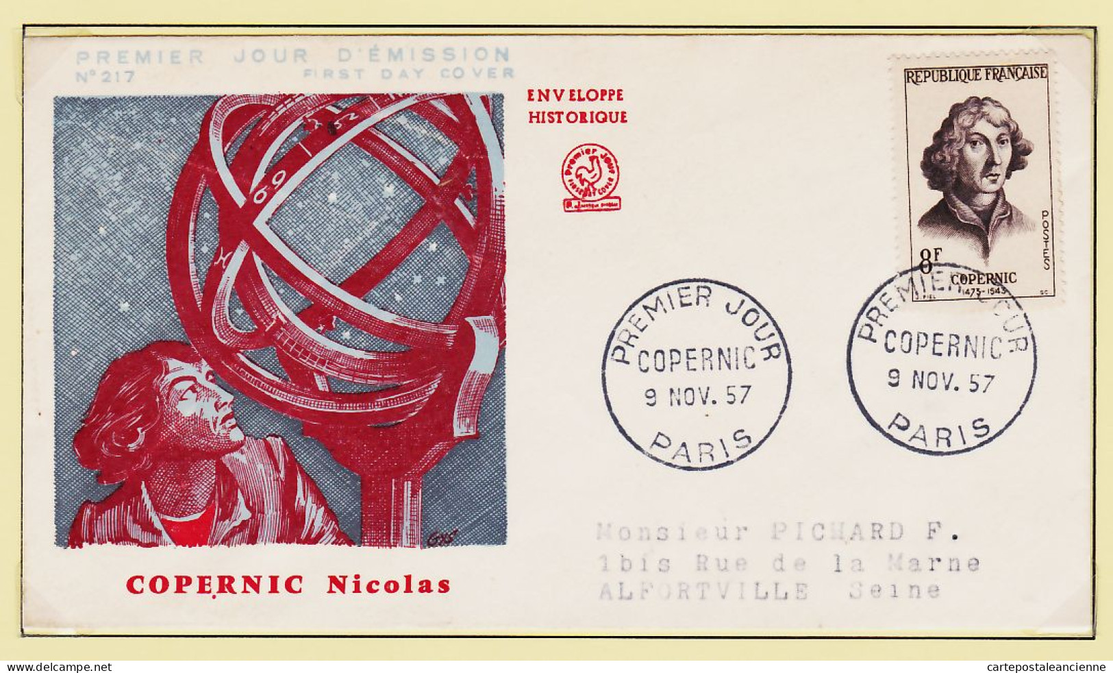 05170 ● F.D.C N°217 Nicolas COPERNIC 1er Premier Jour PARIS 9 Novembre 1957 à PICHARD Alforville FDC First Day Cover - 1950-1959