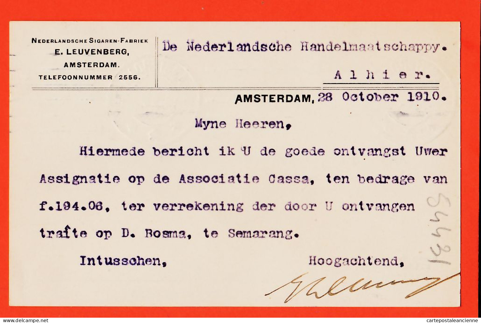 05000 / ♥️ ⭐ ◉ AMSTERDAM Noord-Holland Nederlandsche Sigaren-Fabriek LEUVENBERG 1910 Nederland Niederlande - Lettres & Documents