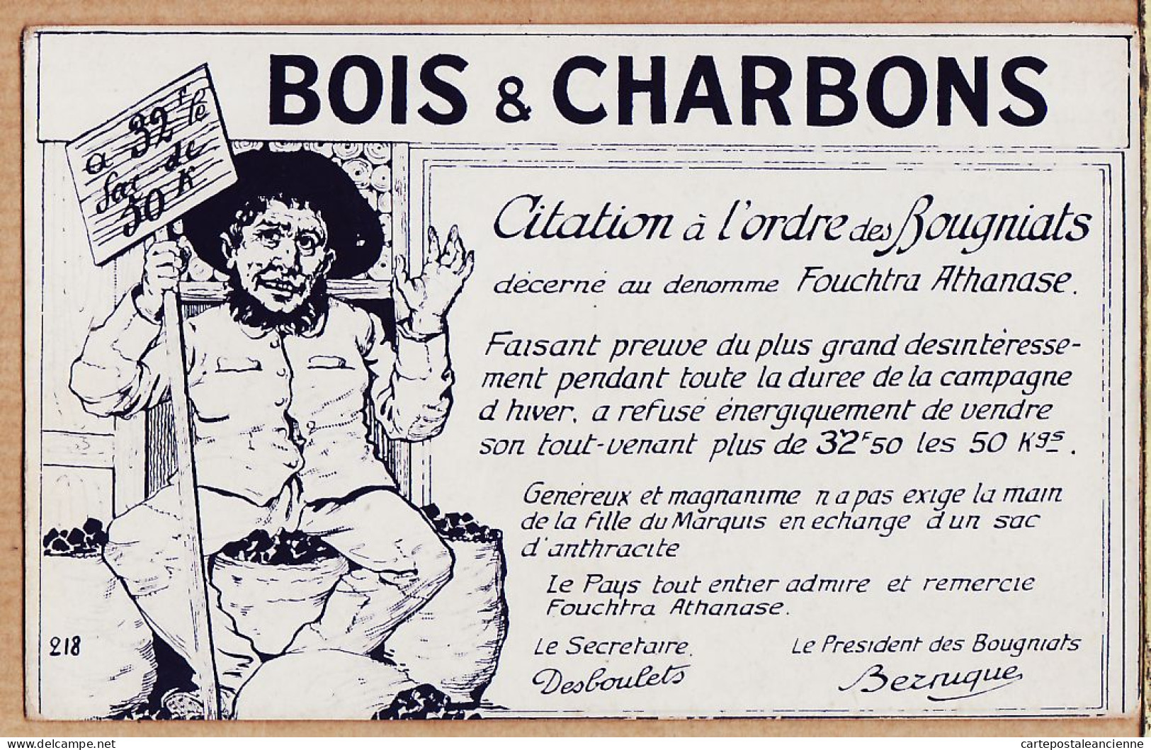 05435 / ⭐ ◉ BOIS CHARBONS Citation ORDRE Des BOUGNIATS à FOUCHTRA ATHANASE Par DESBOULETS BEZNIQUE 1915s Visa 218 - Mines
