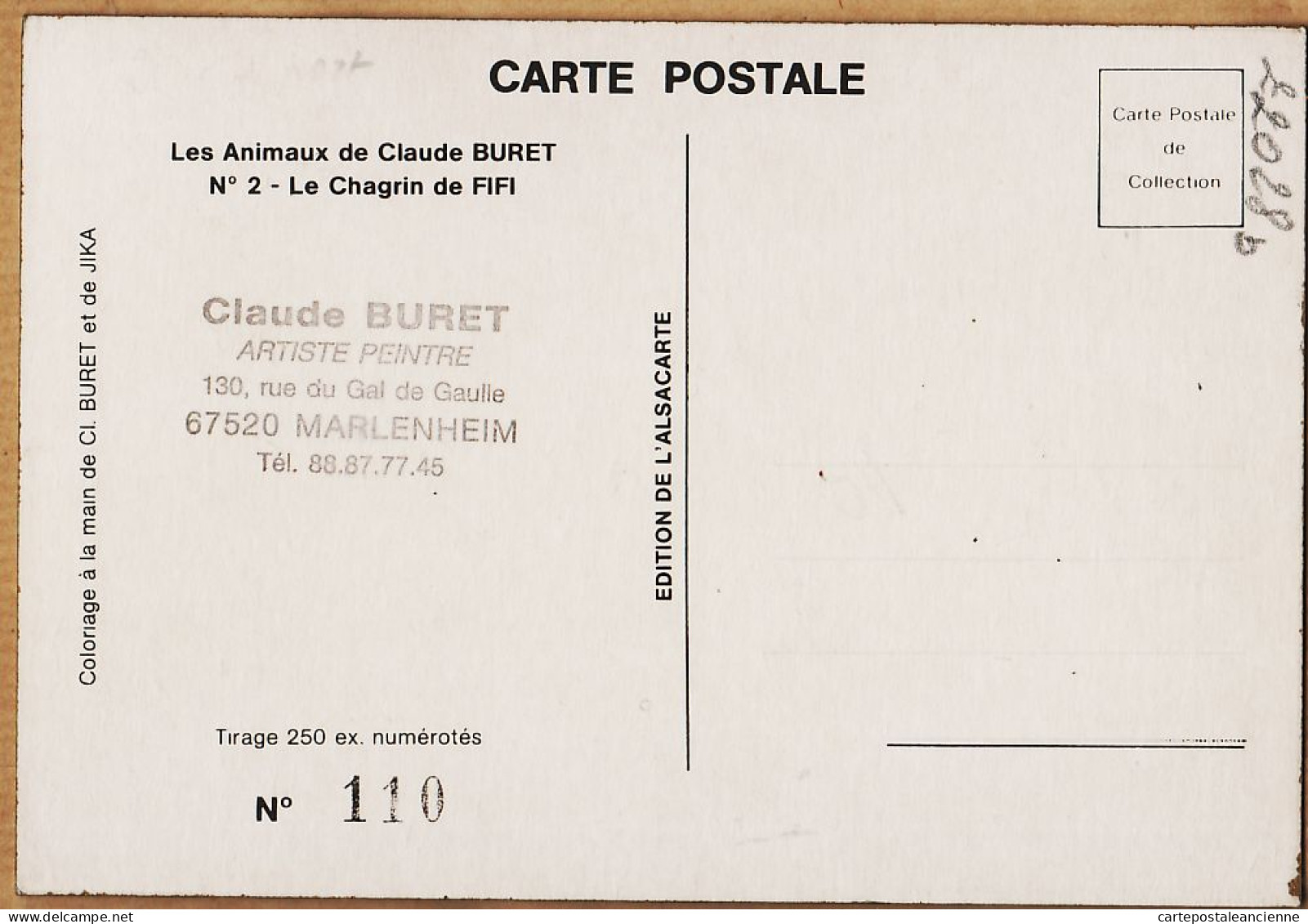 05302 ● ● Alsace Bas Rhin MARLENHEIM Claude BURET Colorié Main (3) Par JIKA 1985 - Le CHAGRIN De FIFI Chien N°110 - Other & Unclassified