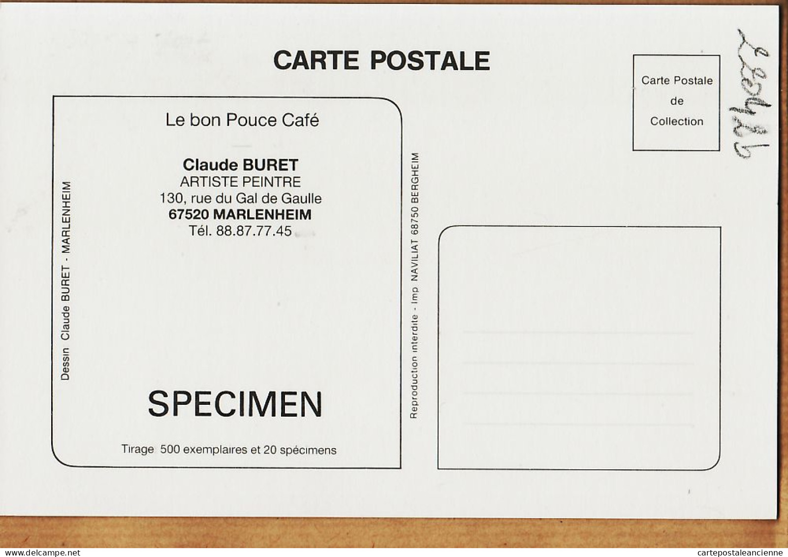 05311 ● ● MARLEHEIM LE BON POUCE CAFE Carte SPECIMEN Tirage 20 Exemplaires Seulement! Autoportrait ? Claude BURET 1980 - Other & Unclassified