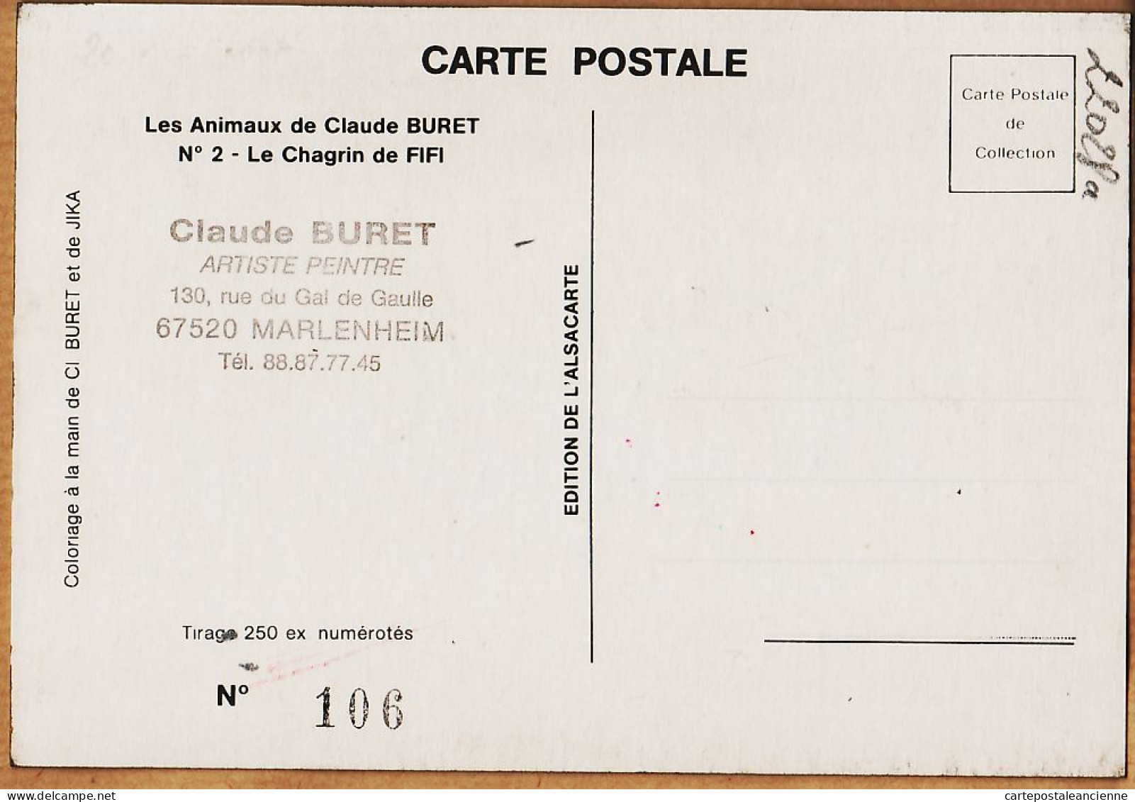 05301 ● ● Alsace Bas Rhin (67) MARLENHEIM Claude BURETcolorié Main (1) Par JIKA 1985 CHAGRIN De FIFI Chien N°106 - Other & Unclassified
