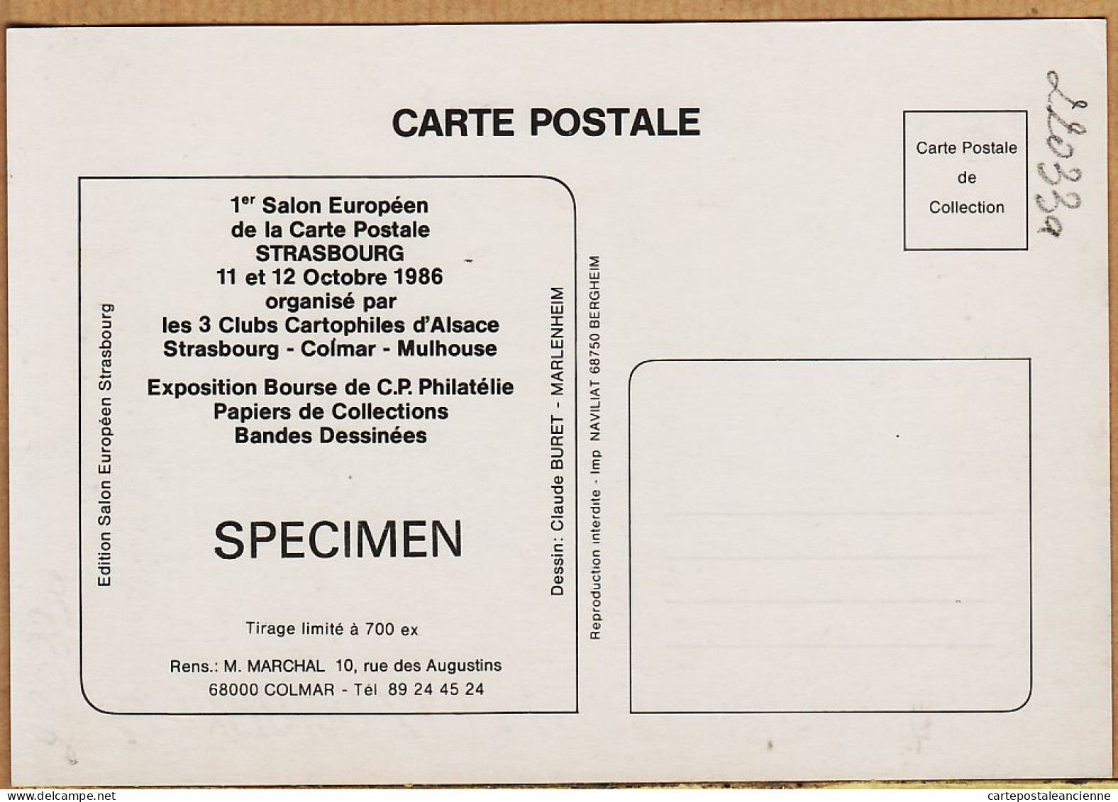 05255 ● ● STRASBOURG Alsace BONNE ANNEE 1986 Carte SPECIMEN Claude BURET 1er SALON EUROPEEN C. POSTALE 11-12 Octobre - Straatsburg