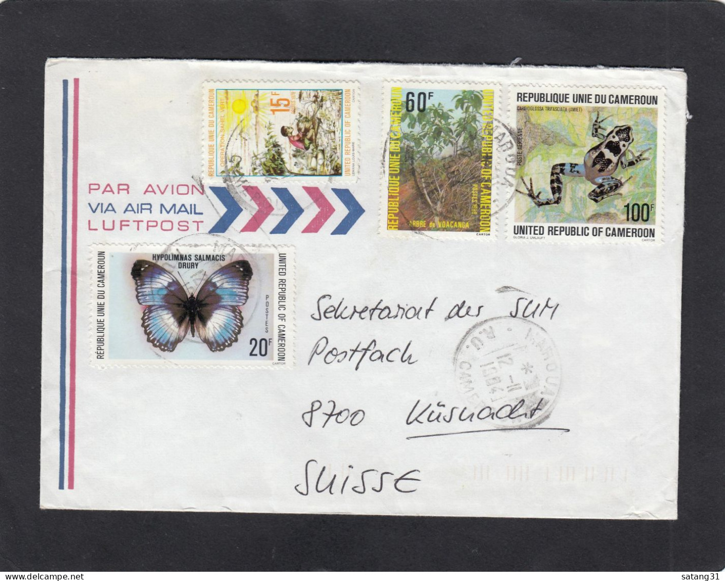 LETTRE DE MAROUA AVEC TIMBRES " PAPILLON,BUTTERFLY/ SAHEL VERT/ARBRE VOACANGA/GRENOUILLE",POUR LA SUISSE,1987. - Cameroon (1960-...)