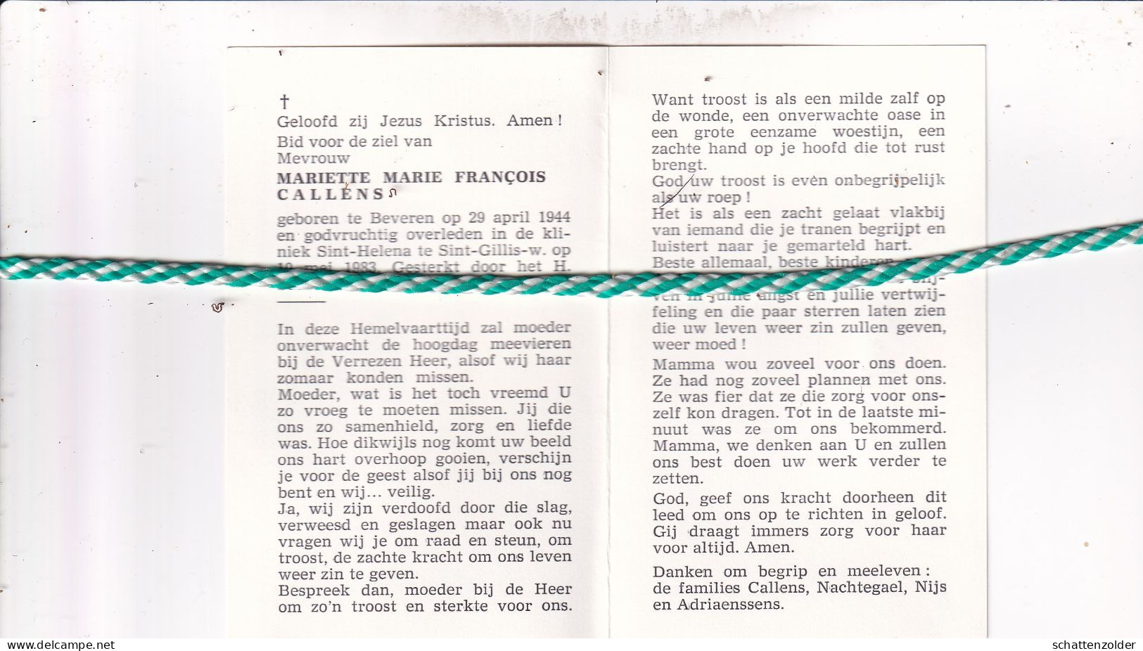 Mariette Marie Francois Callens, Beveren 1944, Sint-Gillis-Waas 1983 - Obituary Notices