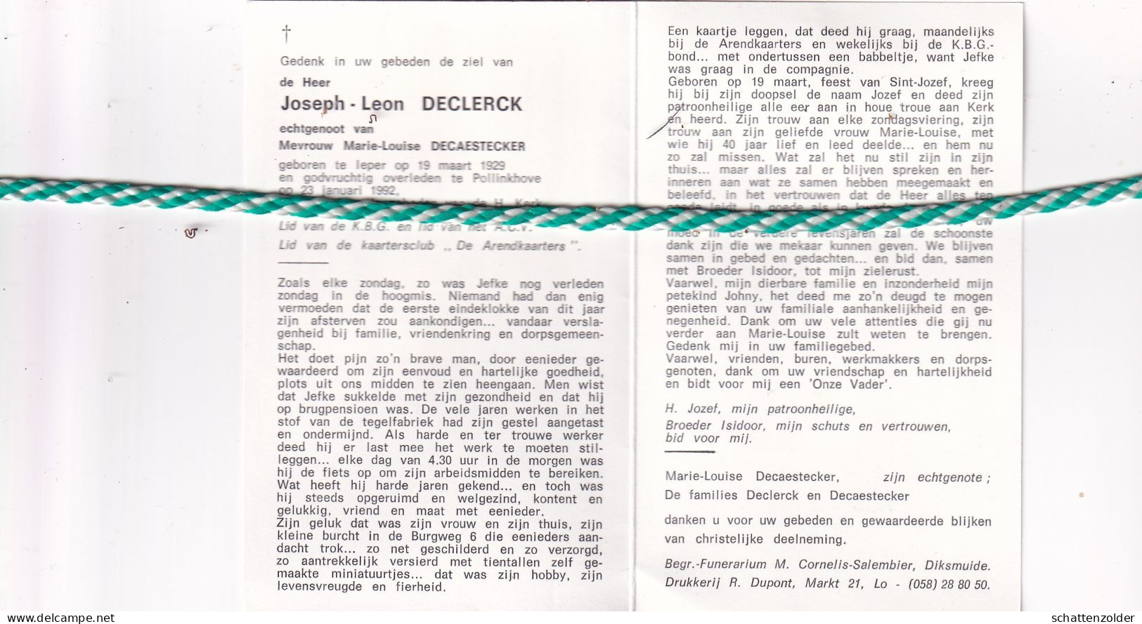 Joseph Leon Declerck-Decaestecker, Ieper 1929, Pollinkhove 1992 - Todesanzeige