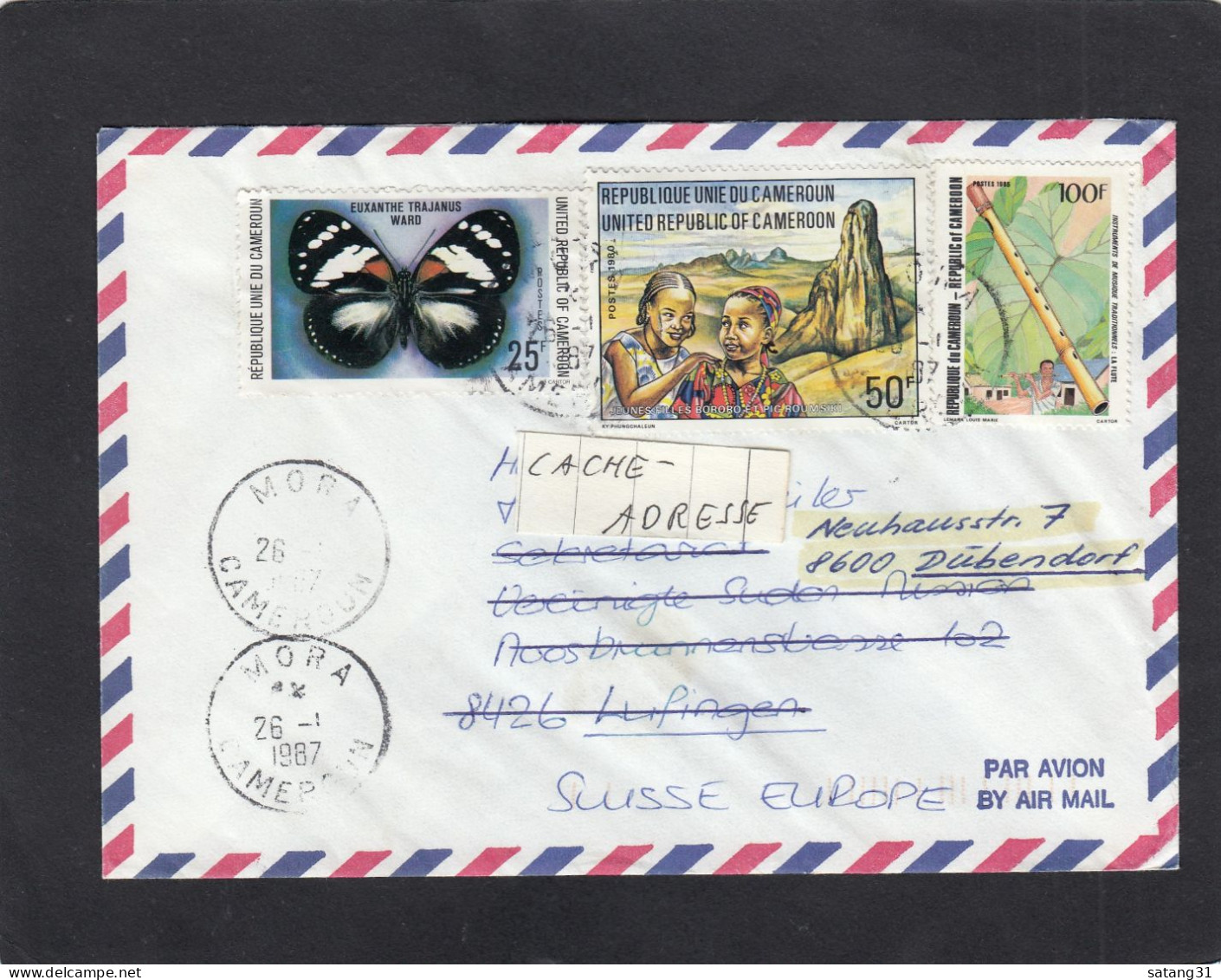 LETTRE DE MORA,  AVEC TIMBRES " PAPILLON,BUTTERFLY/ JEUNES FILLES/FLUTE ", POUR LUFINGEN,ENSUITE DUBENDORF,SUISSE,1987. - Cameroun (1960-...)