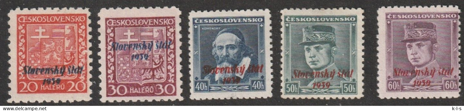 Slowakei: 1939, Freimarken. Mi. Nr. 4, 6, 7, 8, 10, Marken Der Tschechoslowakei Sowie Slowakei.   **/MNH - Unused Stamps