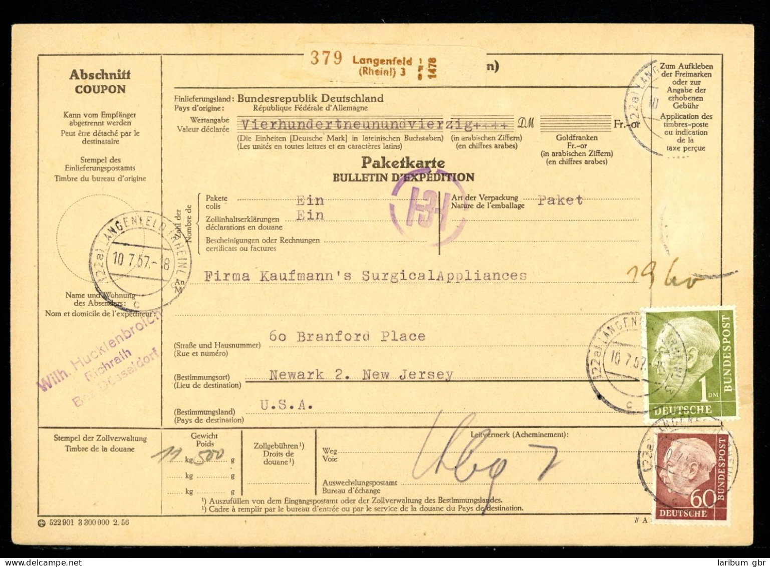 Bund 2 Waag. Paare 196 U.a. Gestempelt Auf Paketkarte #JE642 - Lettres & Documents