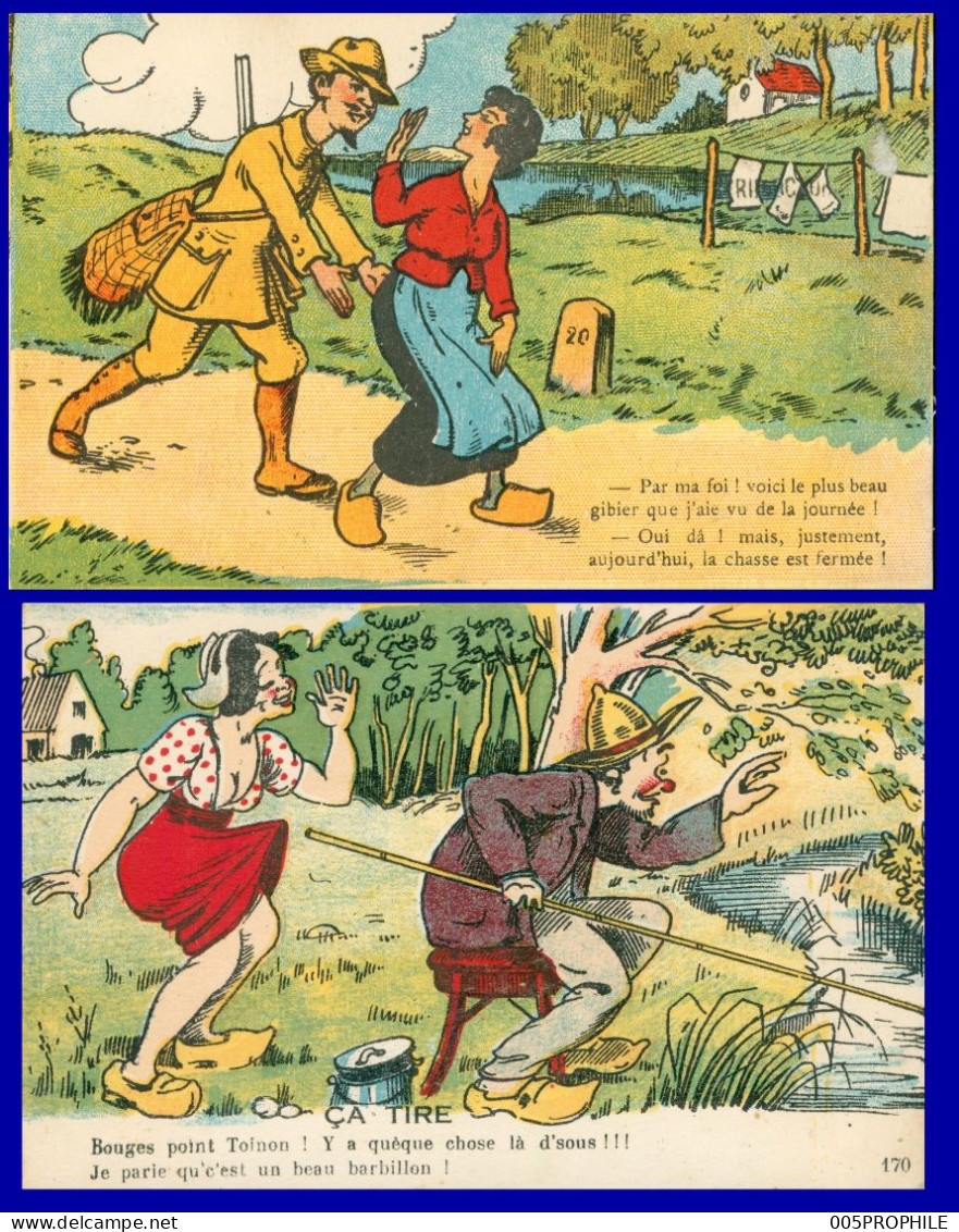 * LOT DE 2 CP - ILLUSTRATION * PATOISERIE * GRIVOISE * PAYSANS * PECHEUR * CHASSEUR * EDIT. NOZAIS - G.H. - 1929 - Humour