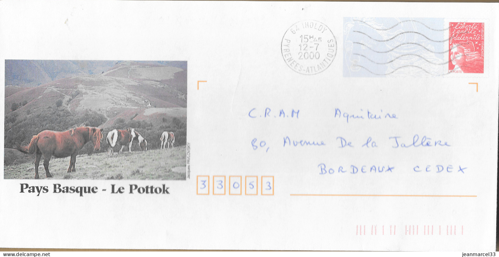 Nelle Aquitaine Entier Luquet Pays Basque Le Pottok Flamme Muette 64 Iholdy 12-7 2000 - Mechanical Postmarks (Other)