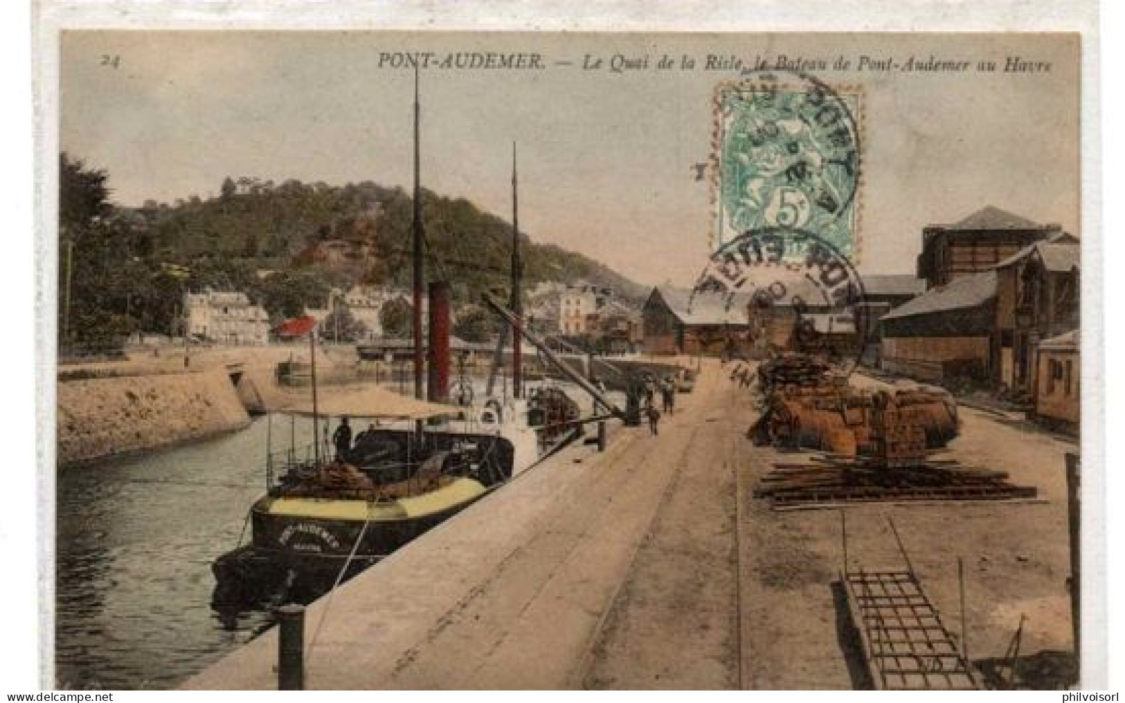 PONT AUDEMER LE QUAI DE LA RISLE LE BATEAU DE LA VILLE CARTE COULEUR  ANIMEE - Pont Audemer