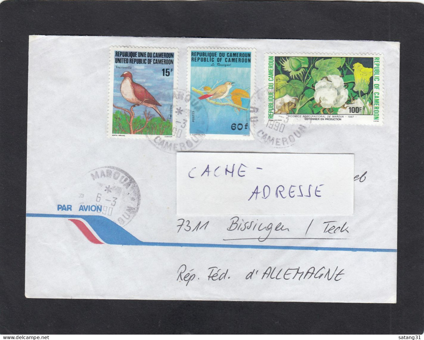 LETTRE DE MAROUA AVEC TIMBRES " TOURTERELLE/ROSSIGNOL/COTONNIER ", POUR LA ,SUISSE,1990. - Kamerun (1960-...)