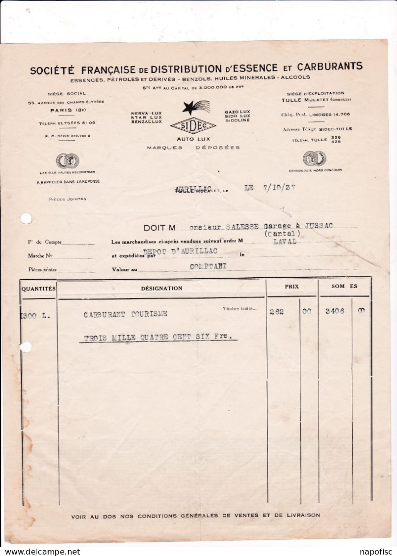 15-Société Française De Distribution D'Essence & Carburants....Aurillac...(Cantal)...1937 - Autres & Non Classés