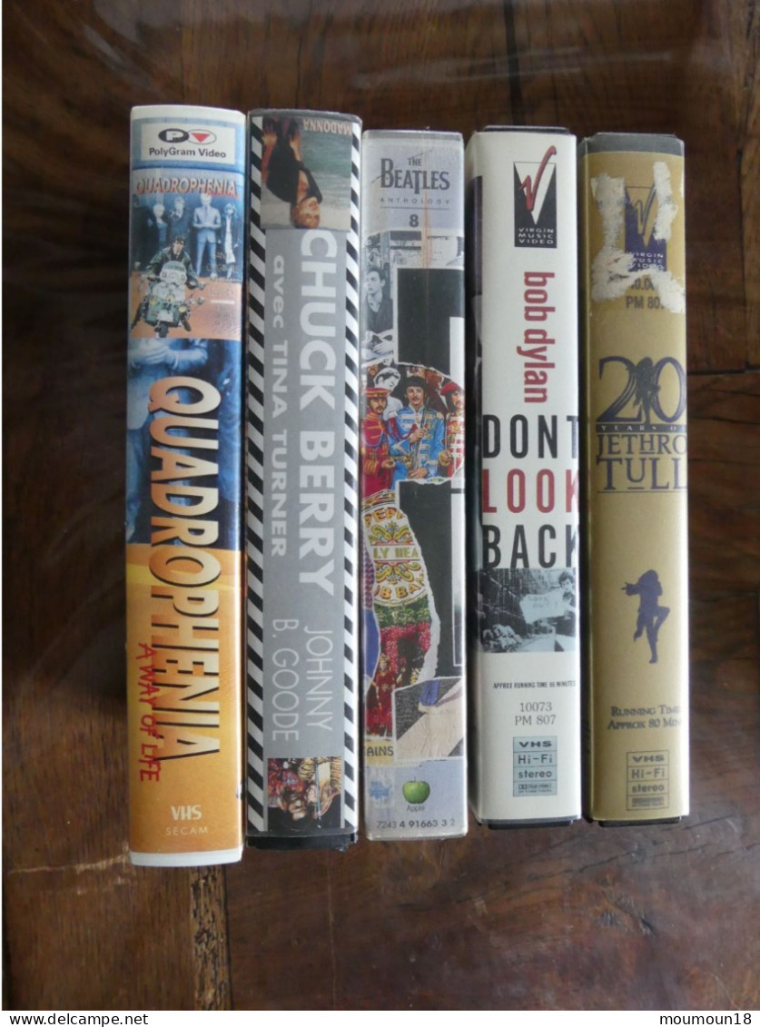 Lot 5 Vidéo-cassettes VHS Secam The Beatles, Bob Dylan, The Who, Jethro Tull, Chuck Berry - Andere & Zonder Classificatie