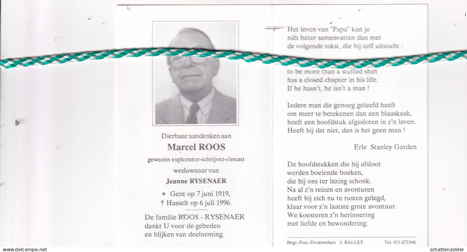 Marcel Roos-Rysenaer, Gent 1919, Hasselt 1996. Gewezen Explorator, Schrijver, Cineast. Foto - Overlijden