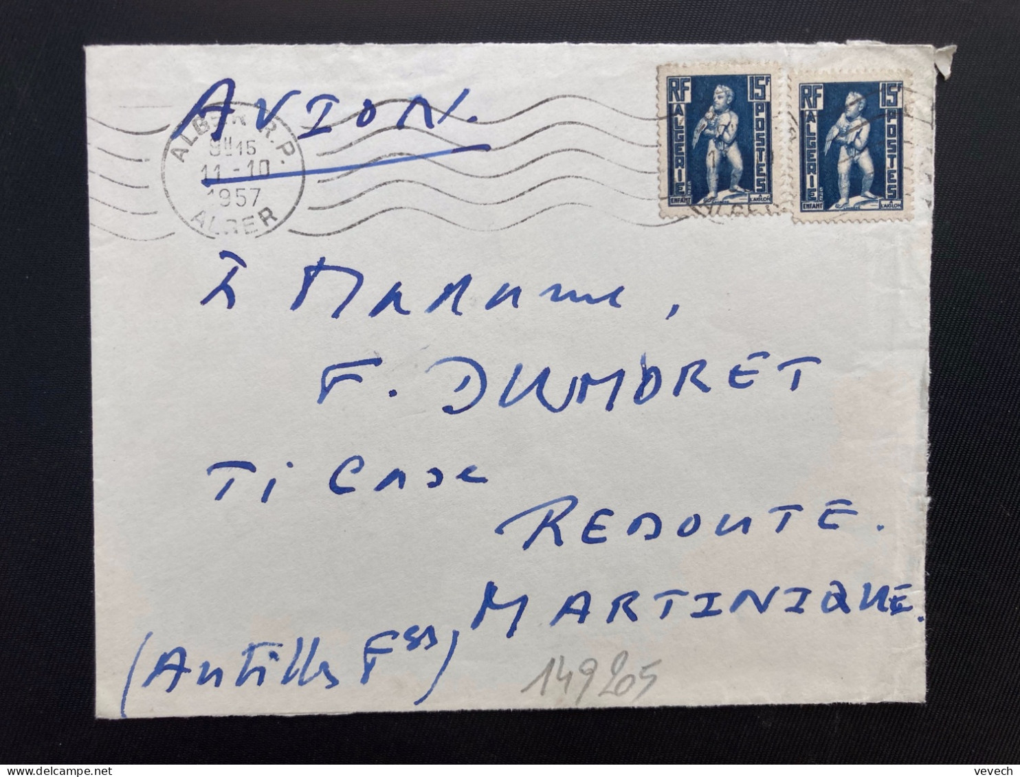 LETTRE Par Avion Pour La MARTINIQUE (REDOUTE) TP AIGLON 15F X2 OBL.MEC. CONTINUE 11-10 1957 ALGER RP - Covers & Documents