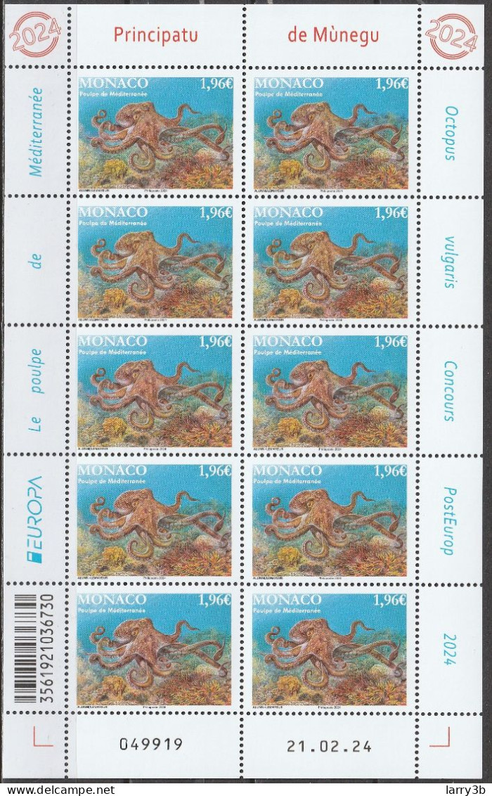 2024 - MONACO - EUROPA - CEPT - "FAUNE SOUS-MARINE" - FEUILLET 10 TIMBRES- NEUF ** - 2024