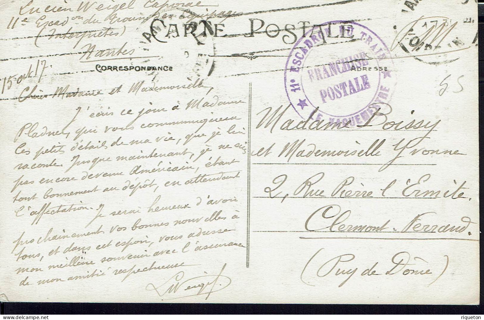 Cachet 11éme Escadron Du Train Des Equipages. Correspondance F.M. De Nantes 15 Août 1917 Vers Clermont-Ferrand, Sur CPA. - WW I