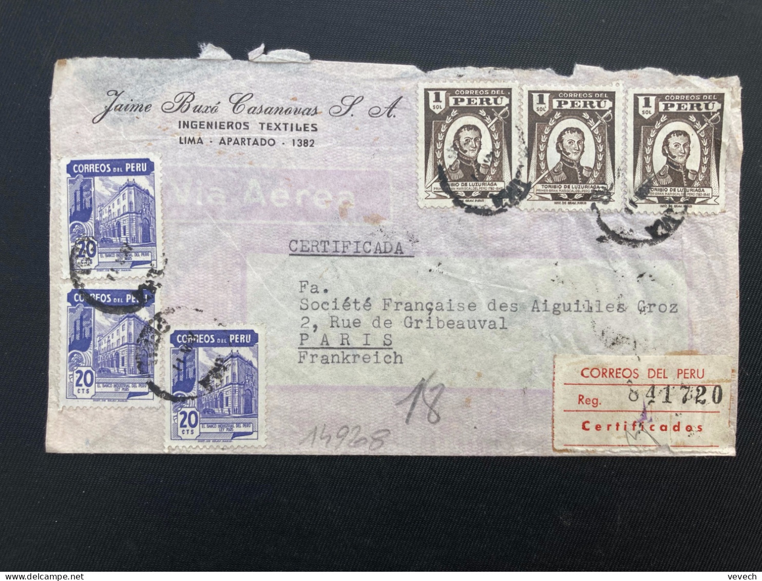 LR Pour La FRANCE TP LUZURIAGA 1s X3 + EL BANCO 20c X3 OBL.11 MAY 1951 - Peru