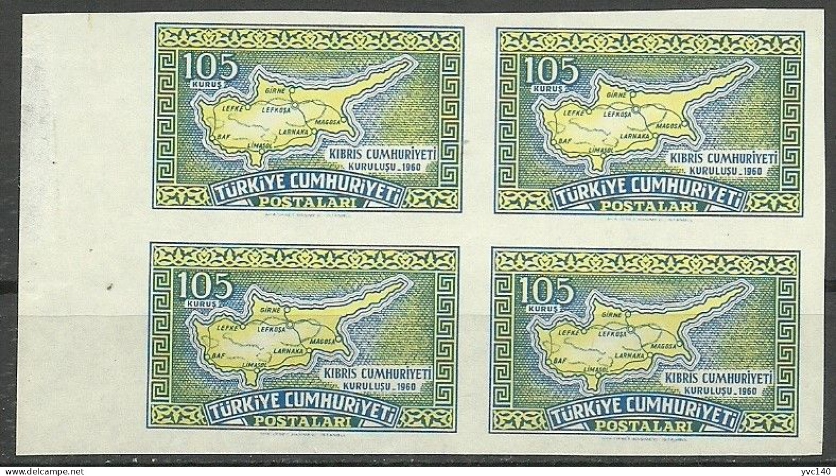 Turkey; 1960 Independence Of The Republic Cyprus 105 K. ERROR "Imperf. Block Of 4" - Unused Stamps