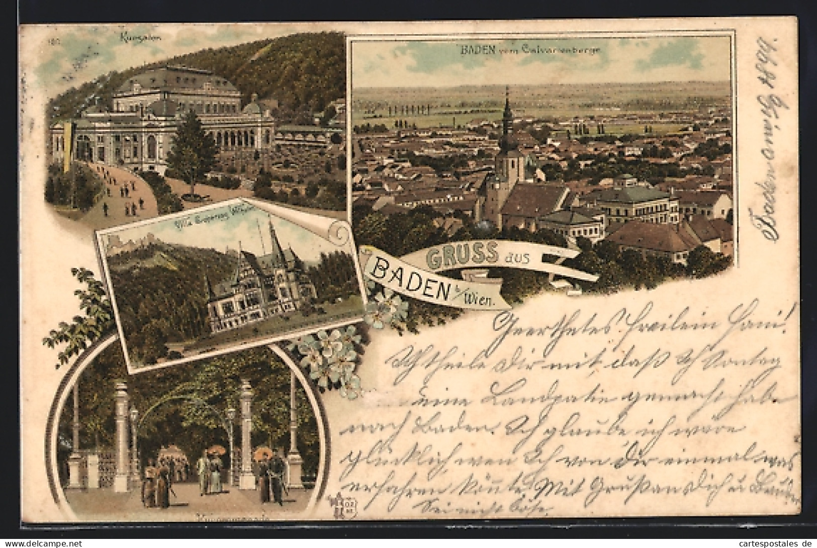 Lithographie Baden B. Wien, Kursalon, Villa Erzherzog Wilhelm  - Other & Unclassified