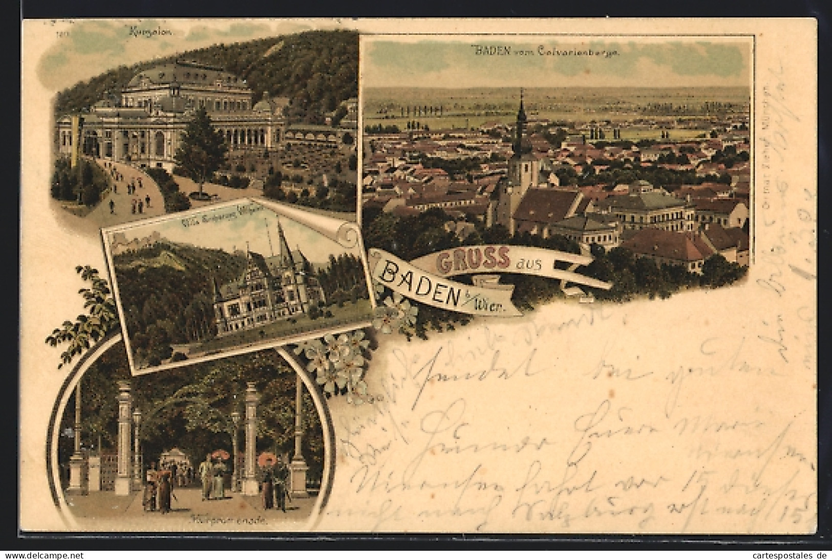 Lithographie Baden /Wien, Ortsansicht Vom Calvarienberg, Kursalon, Villa Erzherzog Wilhelm, Kurpromenade  - Other & Unclassified