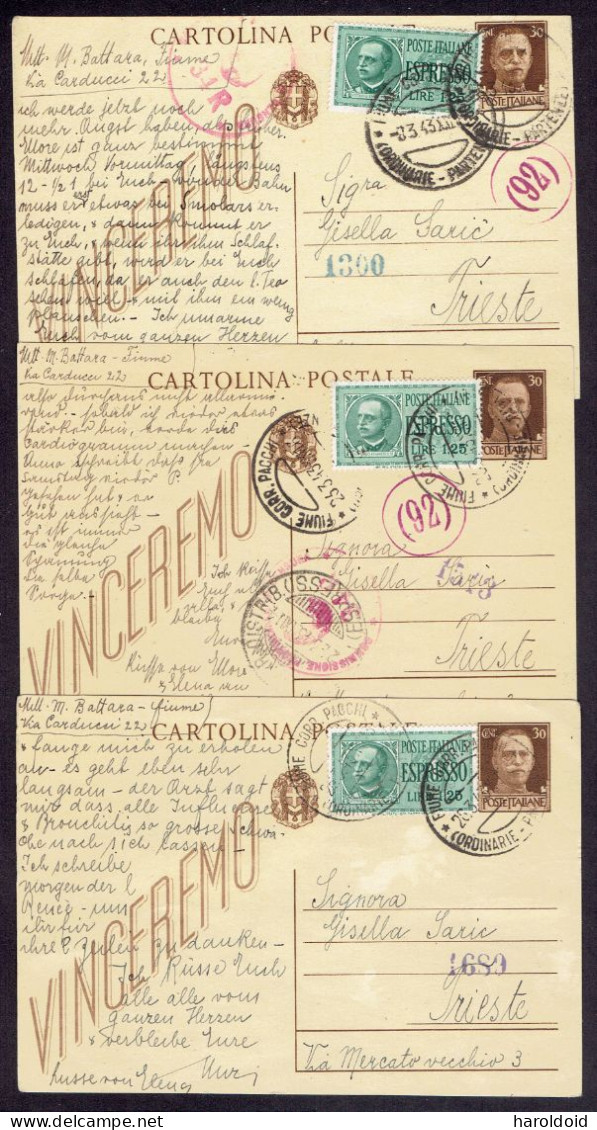 ITALIE - GUERRE 39/45 - LOT 3 CP ENTIER ITALIE OB FIUME 1943 DONT CENSURES - TB - Autres & Non Classés