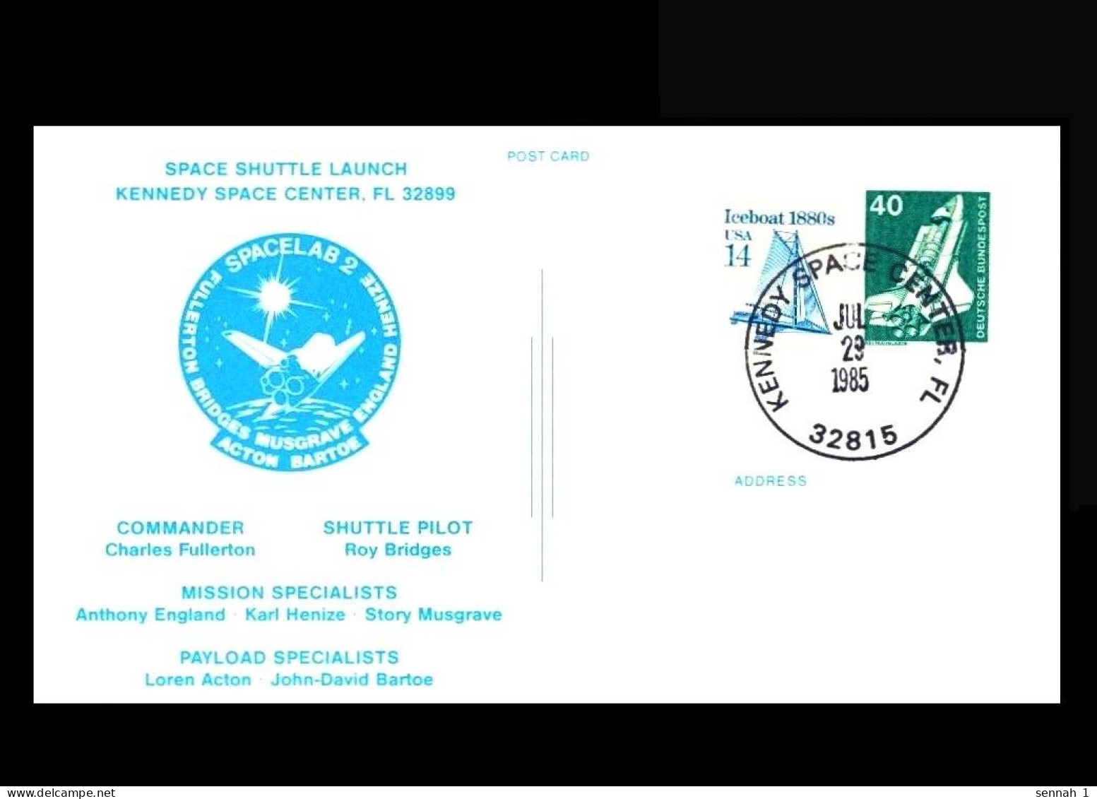 USA: 'Space-Shuttle Challenger STS-51F– Launch – VIP Card – Spacelab-2 On Board, 1985' [German/American Stamps] - Etats-Unis