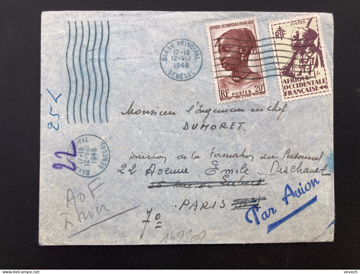 LETTRE Par Avionpour La FRANCE TP AOF 20F + 1F OBL.MEC.12 VIII 1948 DAKAR PRINCIPAL SENEGAL - Lettres & Documents