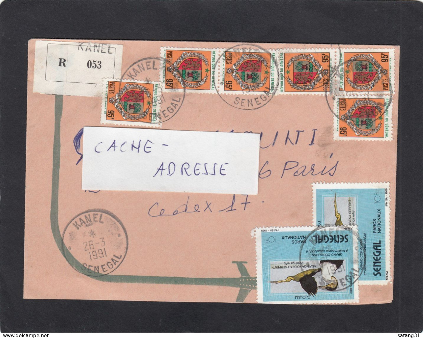 LETTRE RECOMMANDEE DE KANEL, AVEC TIMBRES " BLASON/ OISEAU SERPENT " POUR PARIS,1991. - Senegal (1960-...)