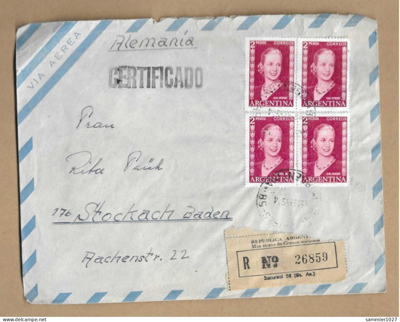 Los Vom 16.05 Briefumschlag Aus Argentinien Nach Stockach 1955 - Briefe U. Dokumente