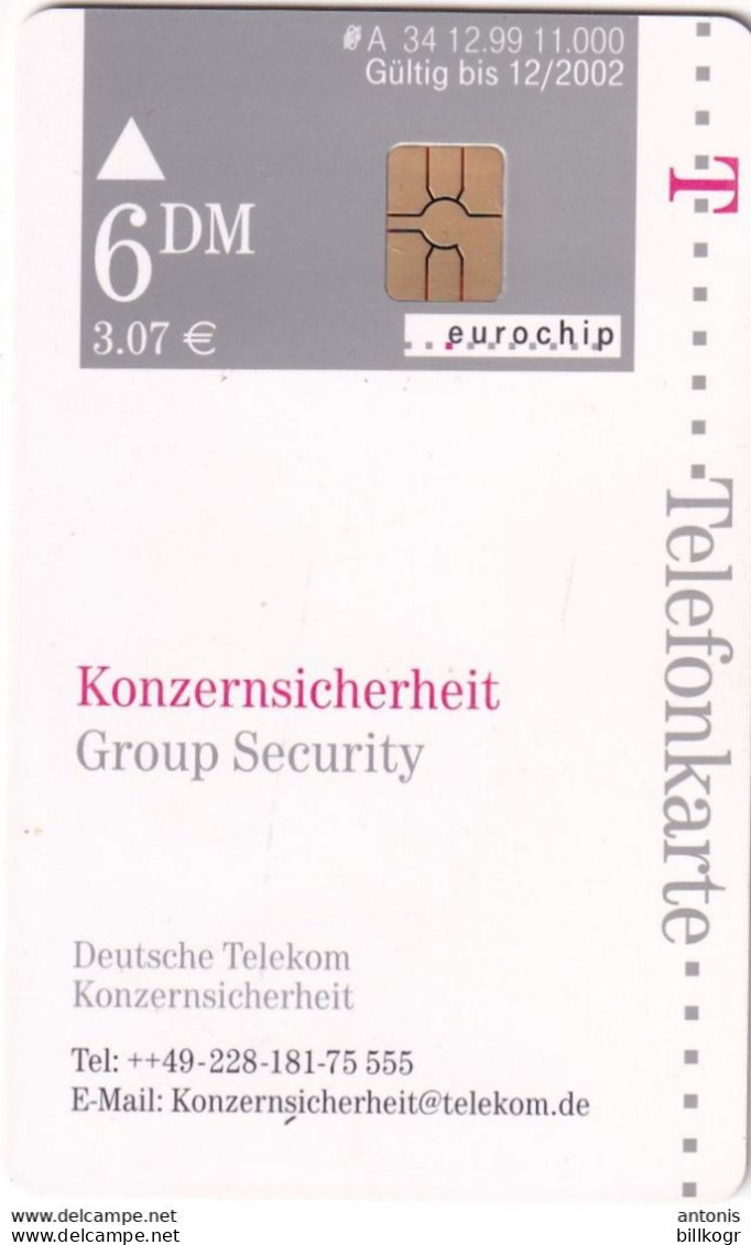 GERMANY(chip) - Konzernsicherheit Group Security(A 34), Chip GEM3.3(red), Tirage %11000, 12/99, Mint - A + AD-Series : Publicitaires - D. Telekom AG