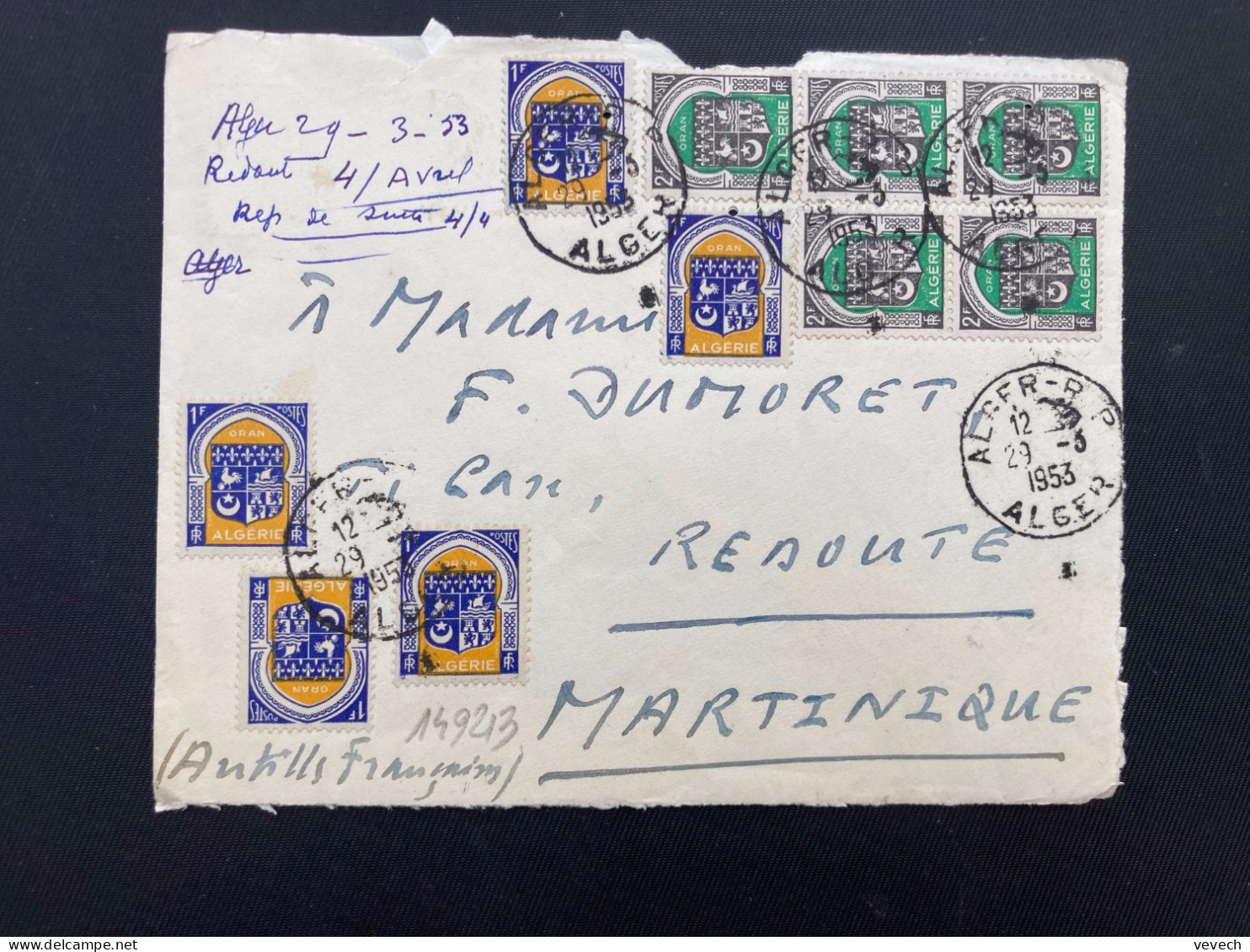 LETTRE Par Avion Pour La MARTINIQUE (REDOUTE) TP ORAN 2F X5 + 1F X5 OBL.29-3 1953 ALGER RP ALGER - Lettres & Documents