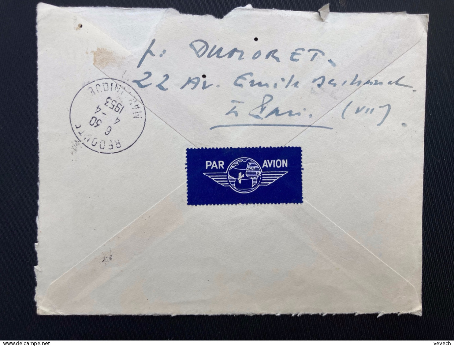 LETTRE Par Avion Pour La MARTINIQUE (REDOUTE) TP ORAN 2F X5 + 1F X5 OBL.29-3 1953 ALGER RP ALGER - Brieven En Documenten