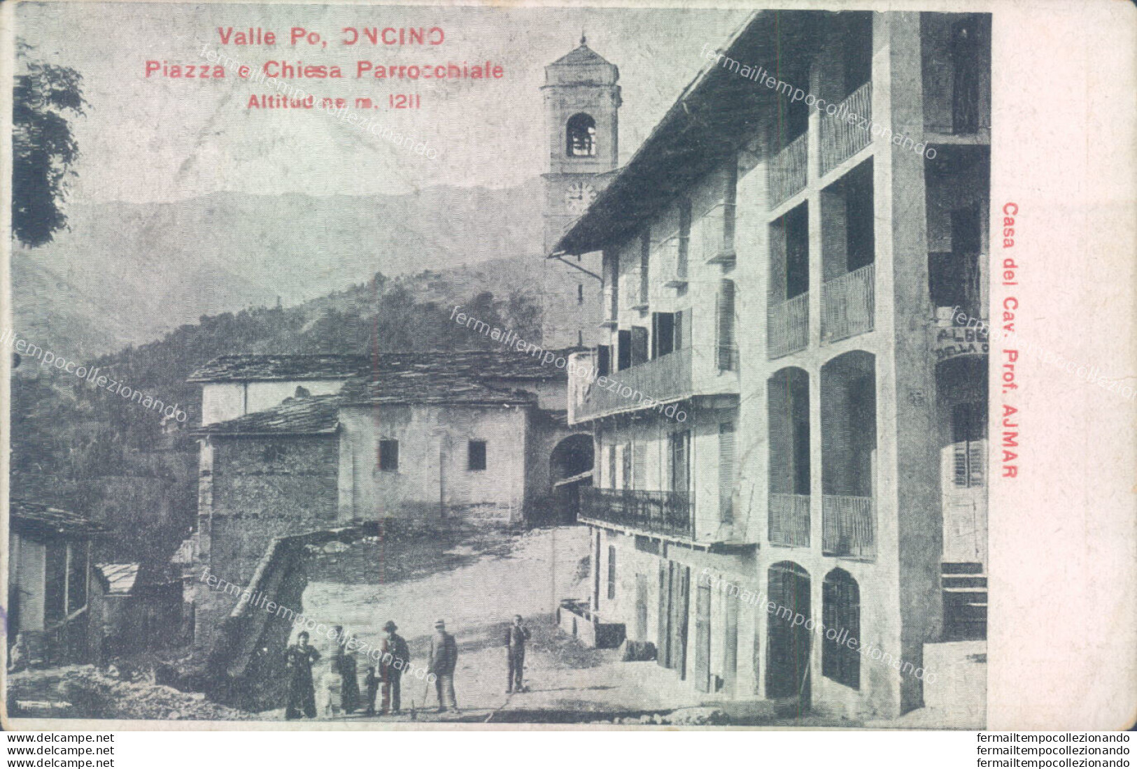 Ae123 Cartolina Oncino Valle Po Piazza E Chiesa 1911 Provincia Di Cuneo - Cuneo