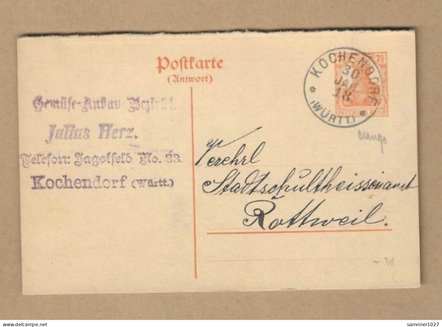 Los Vom 16.05  Ganzsache-Postkarte Aus Kochendorf  Nach Rottweil 1918 - Lettres & Documents