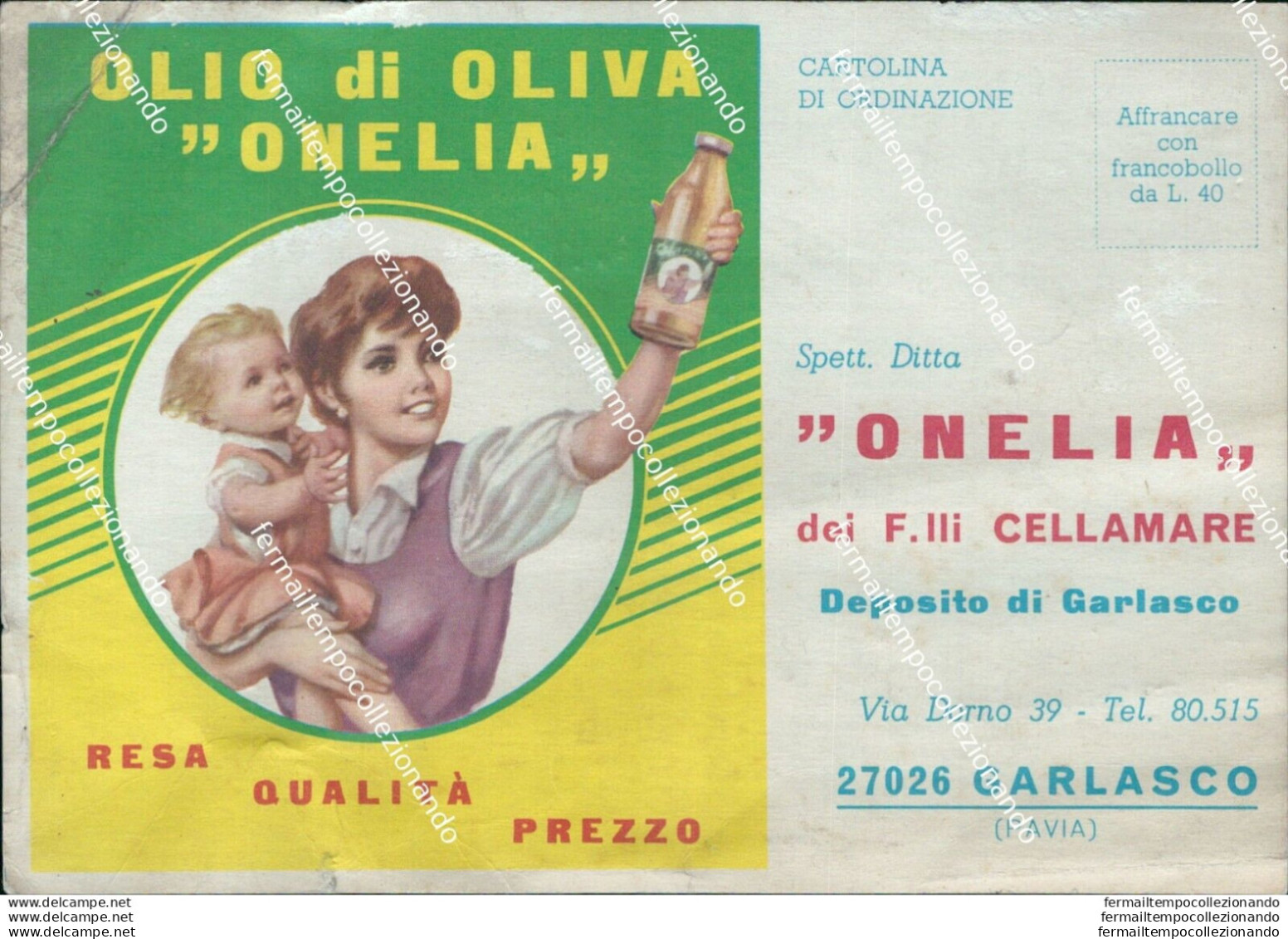 Bq505 Cartolina Pubblicitaria Garlasco Olio Di Oliva Onelia - Imperia