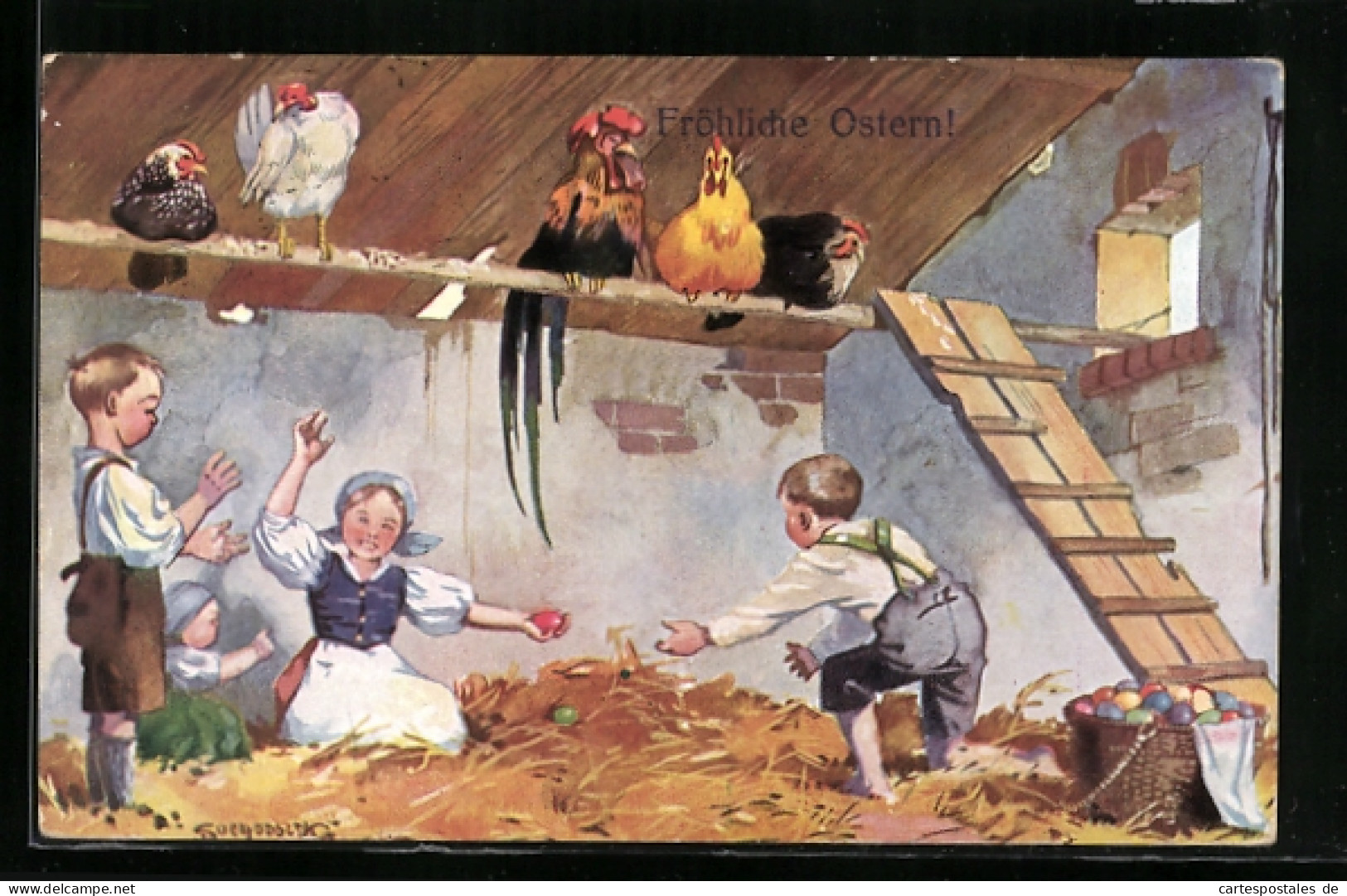 Künstler-AK Siegmund Von Suchodolski: Ostergruss Karte, Spielende Kinder Im Hühnerstall  - Autres & Non Classés