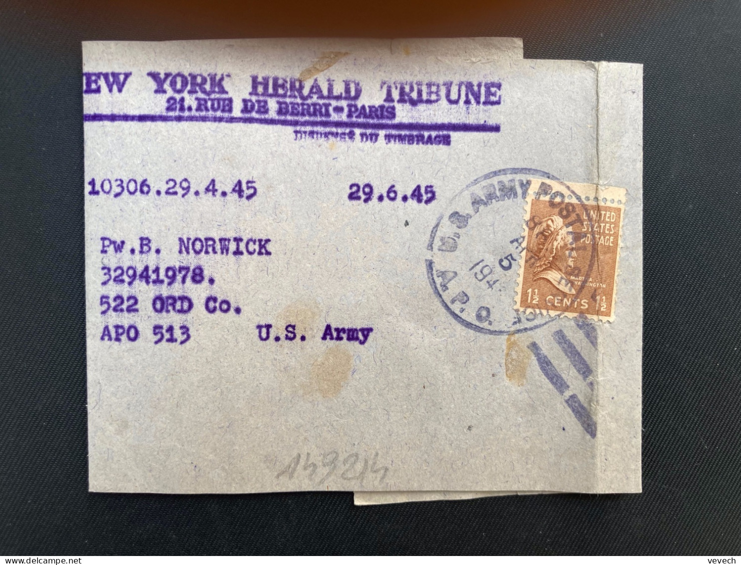 BJ NEW YORK HERALD TRIBUNE Pour APO 513 TP WASHINGTON 1 1/2c OBL.MEC.APR 5 1945 APO - Poststempel