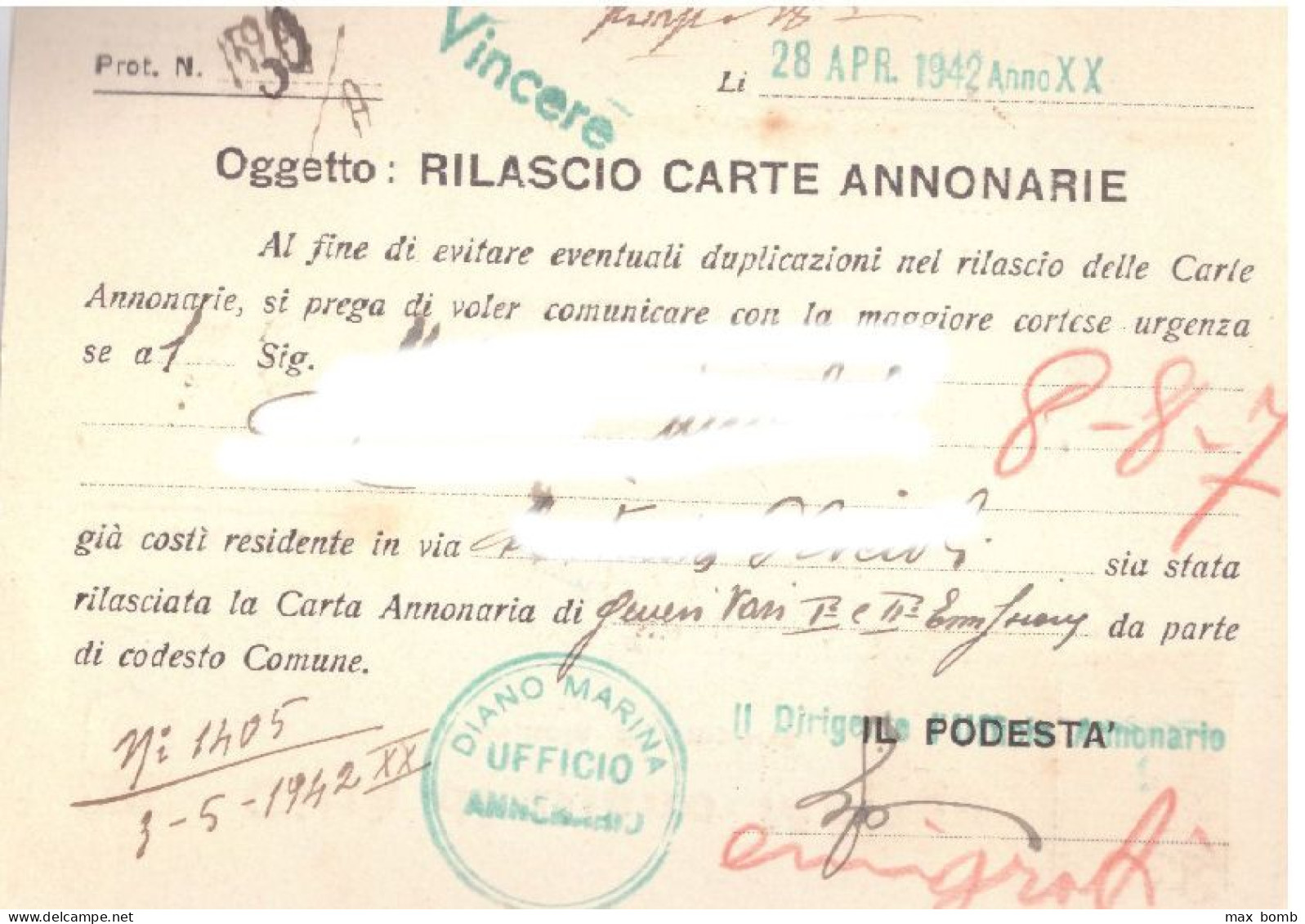 1942 DA DIANO MARINA A PODESTA' DI ANDRETTA  CARTE ANNONARIE  AVELLINO V118 - Historische Documenten