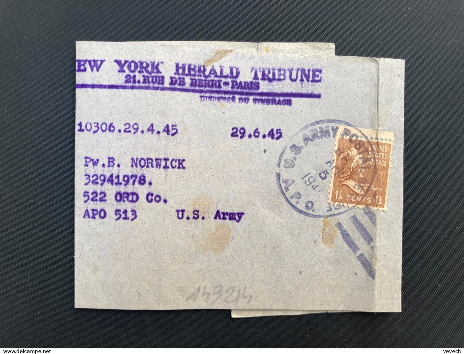 BJ NEW YORK HERALD TRIBUNE Pour APO 513 TP WASHINGTON 1 1/2c OBL.MEC.MAI 24 1945 APO - Marcophilie