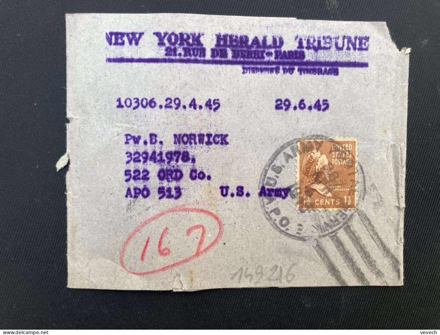 BJ NEW YORK HERALD TRIBUNE Pour APO 513 TP WASHINGTON 1 1/2c OBL.MEC.APR 4 1945 APO 3 - Marcophilie