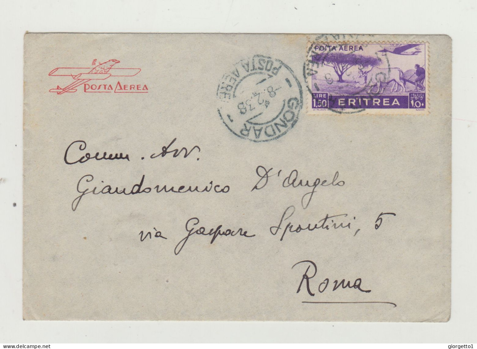 BUSTA CON LETTERA - ERITREA - POSTA AEREA - ANNULLO GONDAR DEL 1938 - A.O.I. WW2 - Poststempel (Flugzeuge)